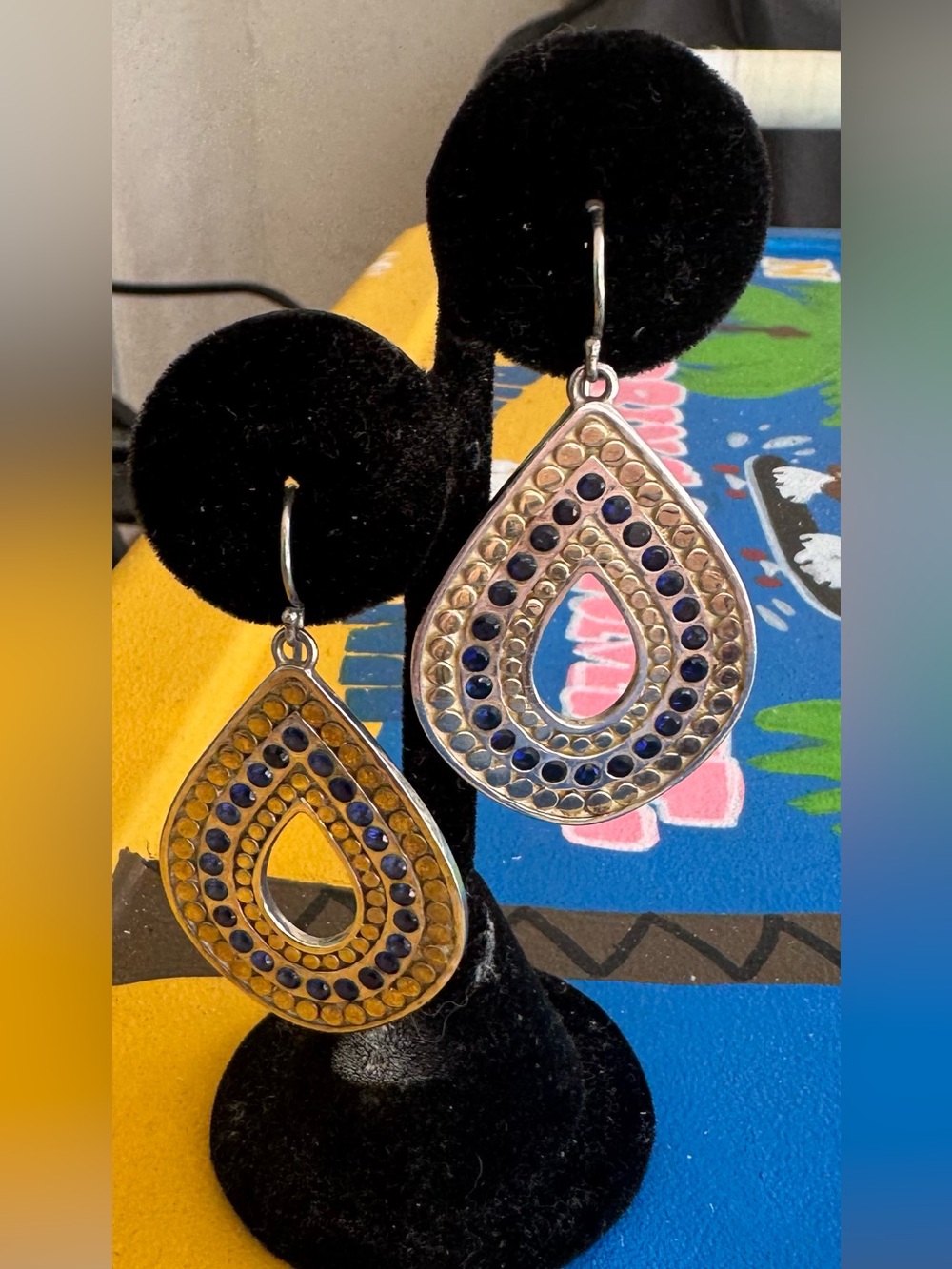 Anna Beck 925 Sterling Handcrafted Teardrop Dangle Earrings with Sapphires